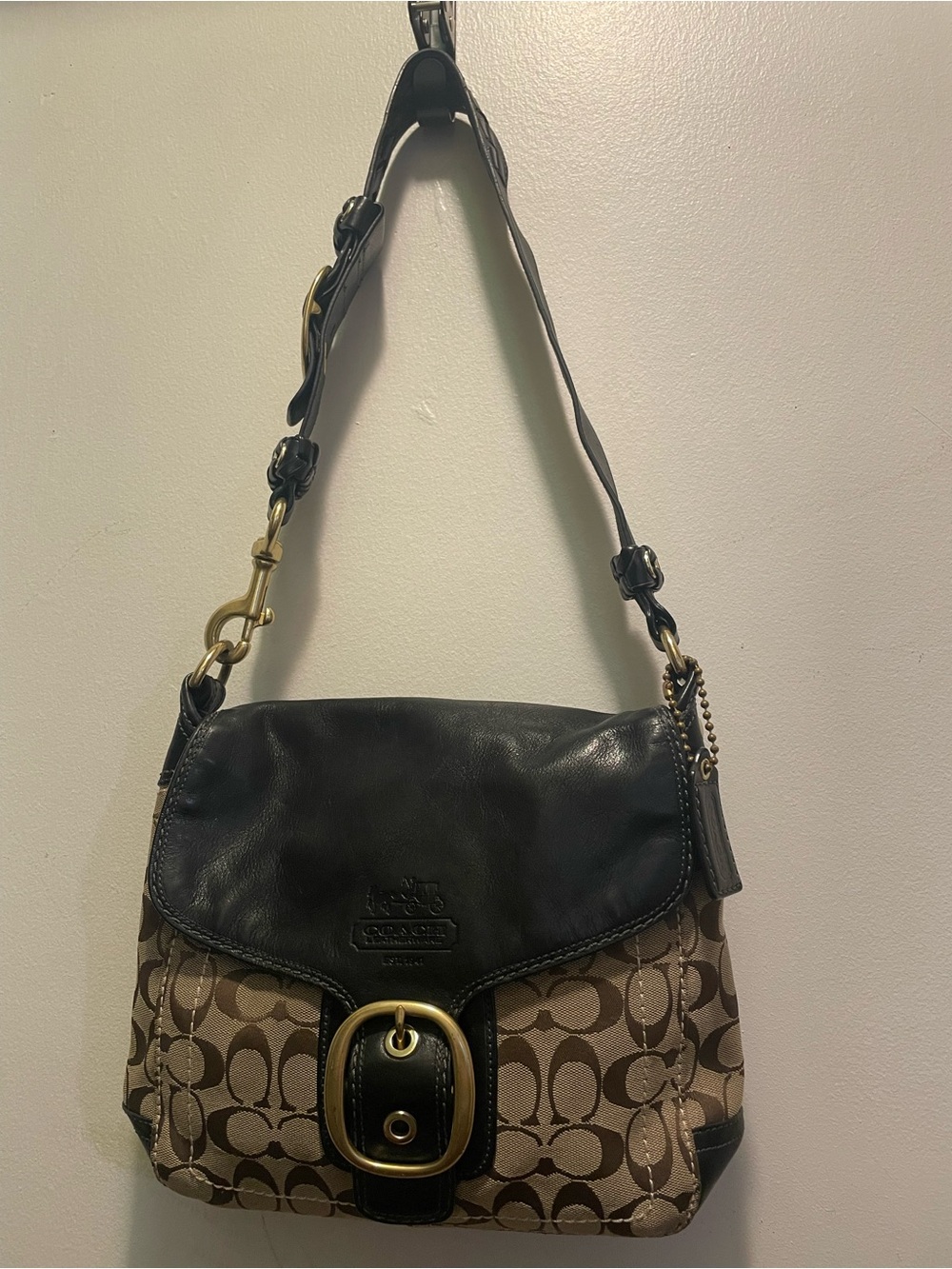 Coach Signature Canvas Shoulder Bag with Black Leather Trim
